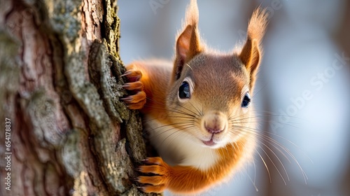 Red squirrel on tree with blurred forest, wood background. Closeup of sciurus vulgaris with paws, claws on bark. Cute animal in nature.
