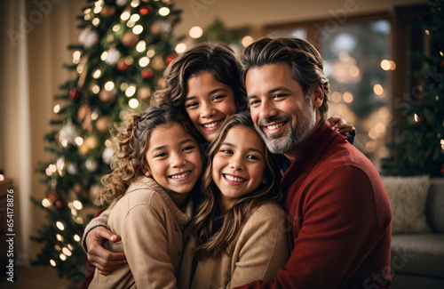 happy family hugging with full smile in the living room when christmas and christmas tree background