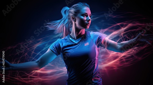 Dynamic image of a female volleyball player moving on a dark background with mixed neon lights.