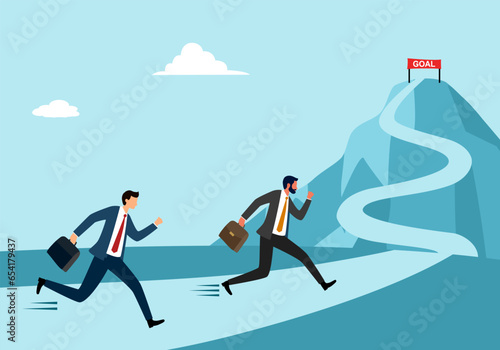 Business competition concept. Businesspeople climbing mountain to the goal in flat design. photo