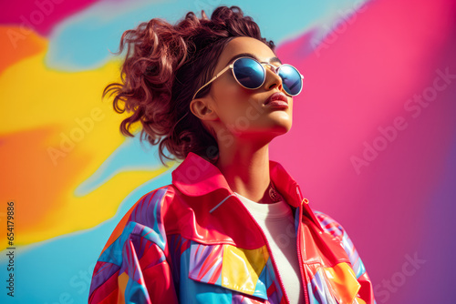 Woman in colorful 80s jacket. 90s vibes concept image