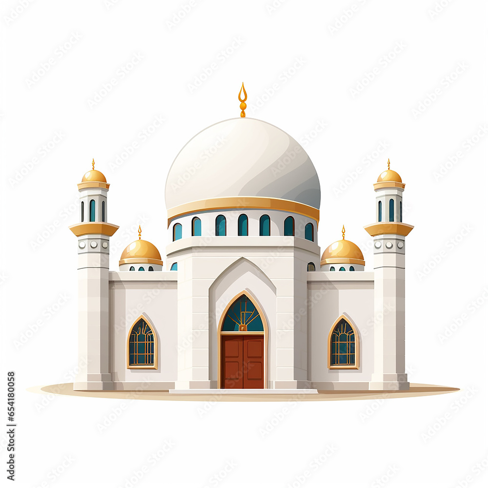 Cartoon mockup of a small mosque with a simple design on a white background 