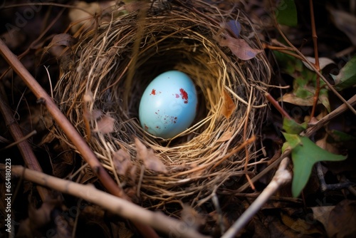 a robin胢s egg on the ground, out of its nest photo