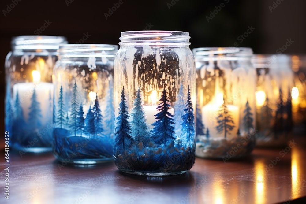 diy candles in glass jars with painted winter scenes