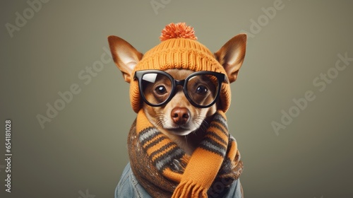 Funny chihuahua dog wearing a warm scarf and glasses on a gray background. ai generative