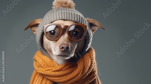 Funny little dog wearing a warm scarf and glasses on a gray background. ai generative