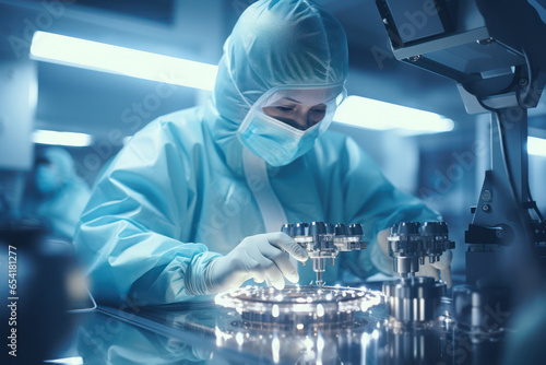 A technician in a cleanroom assembling delicate medical devices under sterile conditions. Concept of precision manufacturing. Generative Ai.