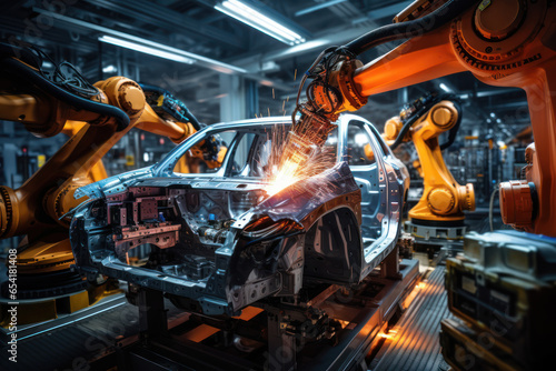 A bustling automotive assembly line with robots and workers assembling cars with precision. Concept of automotive manufacturing. Generative Ai.