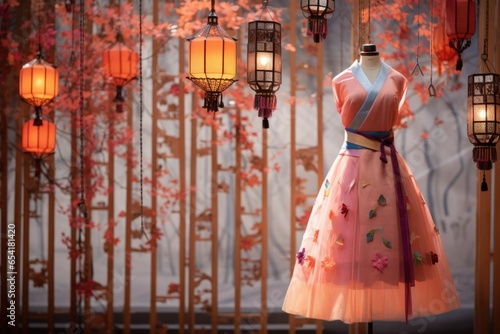 korean hanbok design detail with hanging lanterns in the background photo