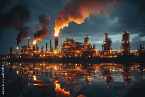 An oil refinery with tall stacks emitting steam  representing the energy industry. Concept of fossil fuel processing. Generative Ai.