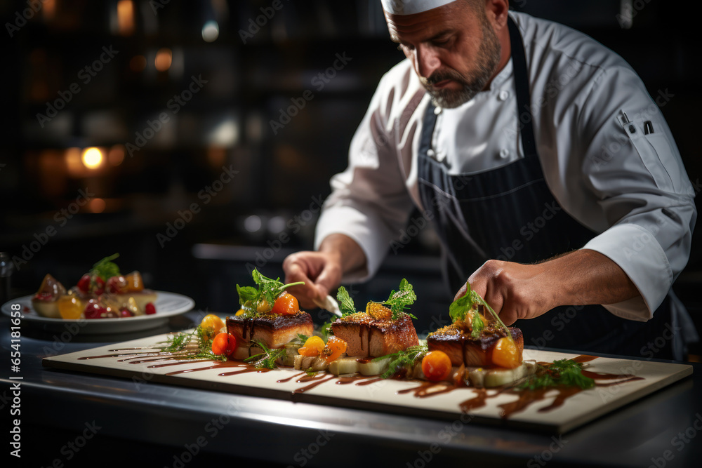 A chef expertly plating a gourmet dish in a high-end restaurant. Concept of culinary artistry. Generative Ai. A chef expertly plating a gourmet dish in a high-end restaurant. Concept of culinary artistry. Generative Ai.