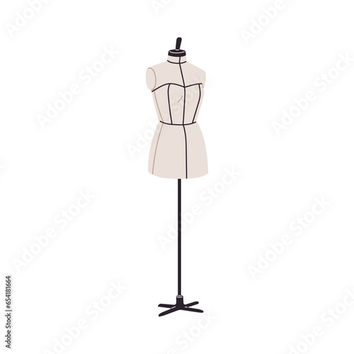Manikin, dressmaking sewing dummy. Tailors dress form. Fabric mannequin on stand, base. Women figure manequin, torso, body model. Flat graphic vector illustration isolated on white background