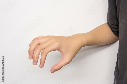 Cerebral palsy hand in Asian young male patient. Typically seen in hemiplegia and quadriplegia. Wrist joint flexion with ulnar deviation, Generative AI