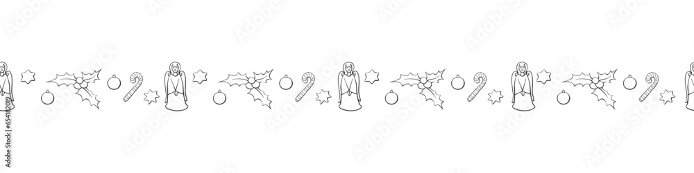 Obraz premium Edging, ribbon, border of contour festive Christmas symbols in doodle style. Vector seamless pattern, ornament, decorative element, decoration for New Year, xmas design