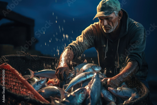 A fisherman hauling in a net full of fresh catch from the open sea. Concept of commercial fishing. Generative Ai.
