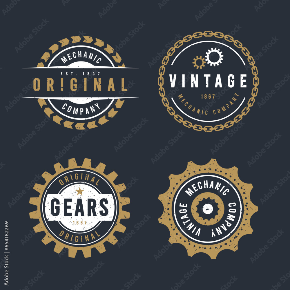 Vintage Gear Badges. Retro Mechanical Logo Set.