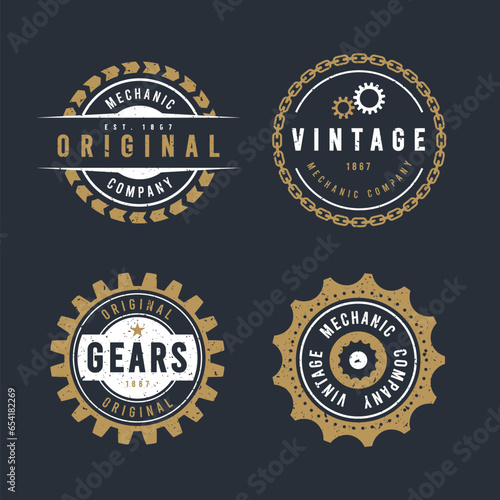 Vintage Gear Badges. Retro Mechanical Logo Set.