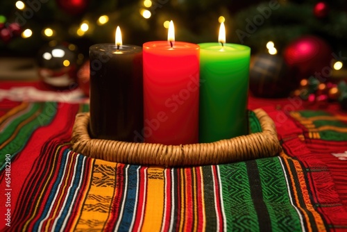 colorful kwanzaa candles on a woven mat