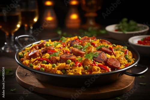 A plate of paella  a Spanish rice dish cooked with saffron  seafood  and chorizo. Concept of Spanish gastronomy. Generative Ai.