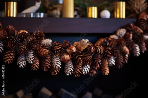 pine cone garland hanging on the fireplace mantel
