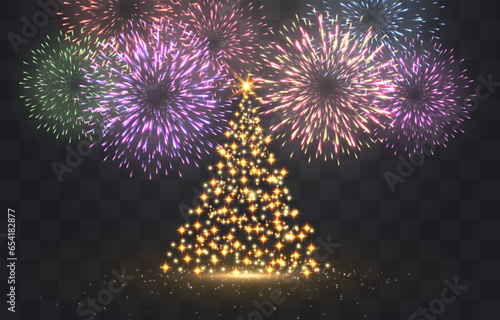 Vector festive fireworks isolated on png. New Year's Eve fireworks with brightly shining sparks. Realistic sparks and explosions. Colorful pyrotechnics show. Vector isolated on png background.