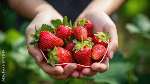 Handful of ripe strawberries. Red delicious strawberry in hands
