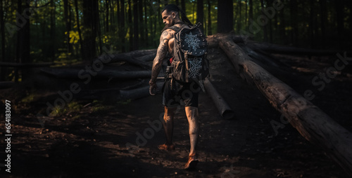 Survival Man with Large Military Backpack going for Dark Jungle Adventures, Generative AI 