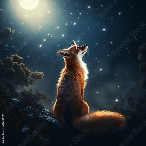 Fox gazing at the stars and moon in the Forest