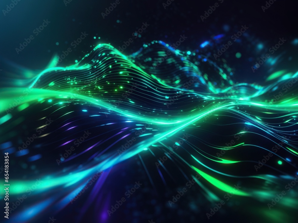 Neon Abstract Glow Green Lines Wallpaper, Pattern Wavy Lights Background, using generative Ai