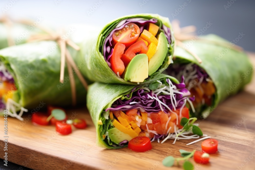raw food wrap filled with sprouts and avocado - obrazy, fototapety, plakaty 