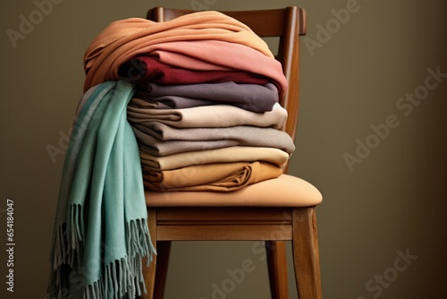 stack of soft cashmere scarves on a chair