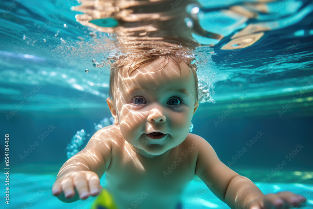 Baby Learning To Swim And Dive Underwater For Fitness In Pool