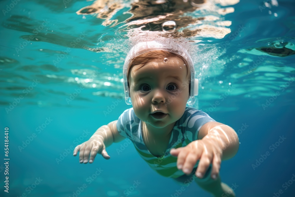 Baby Learning To Swim And Dive Underwater For Fitness In Pool
