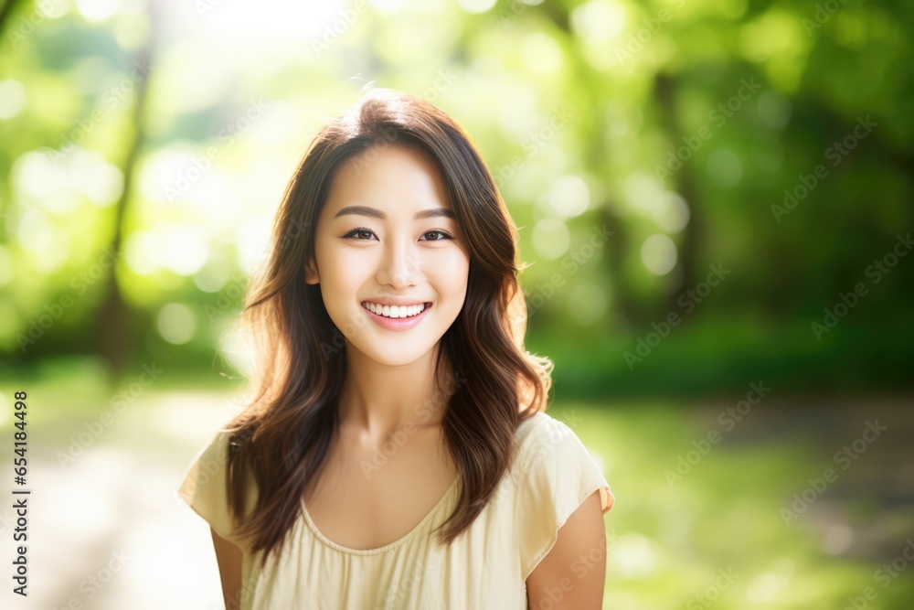 Professional Portrait Studio Photograph Showcases Beautiful Young Asian Woman Model With Impeccable Teeth, Radiating Laughter And Smiles, Set Against The Backdrop Of Lush Gree Professional Portrait Studio Photograph Showcases Beautiful Young Asian Woman Model With Impeccable Teeth, Radiating Laughter And Smiles, Set Against The Backdrop Of Lush Gree