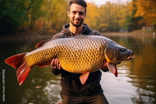 Young Man Holding Big Carp In His Hands Against Fishing Background