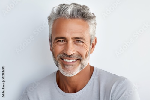 Portrait Captures The Captivating Smile Of Mature Man With Impeccable Teeth, Making Him Ideal Choice For Dental Advertisement, With Stylish Hair And Strong Jawlin