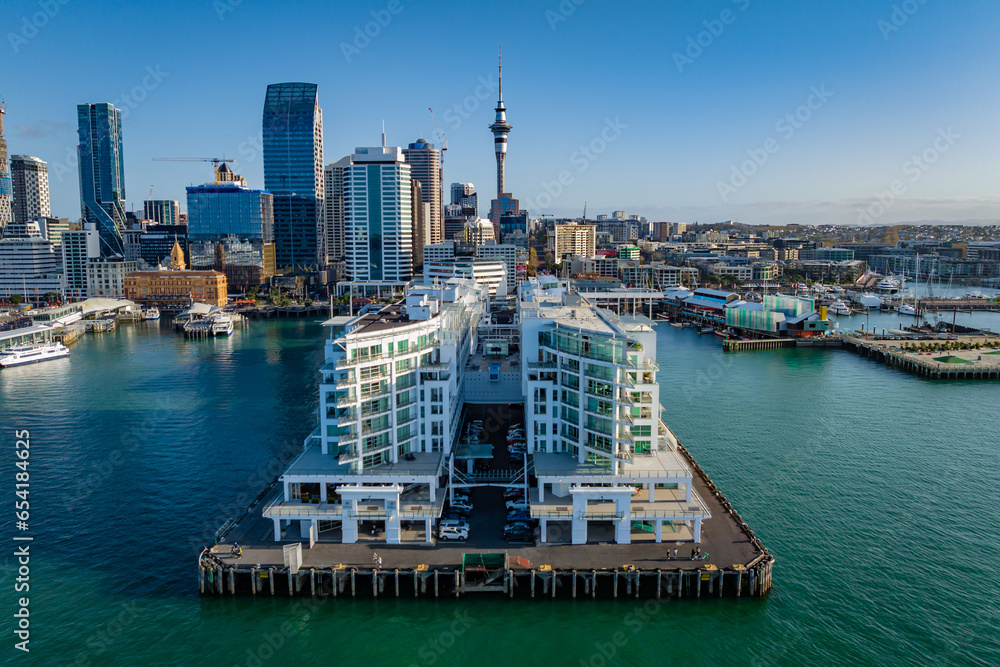 Fototapeta premium Aerial: Princess wharf apartments and eateries, auckland waterfront, New Zealand