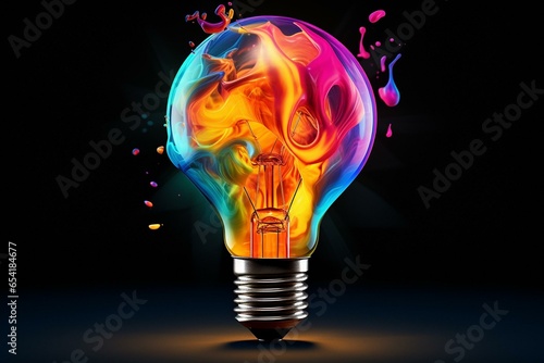 Colorful 3D lightbulb symbolizing creativity with vibrant paint splashes. Generative AI