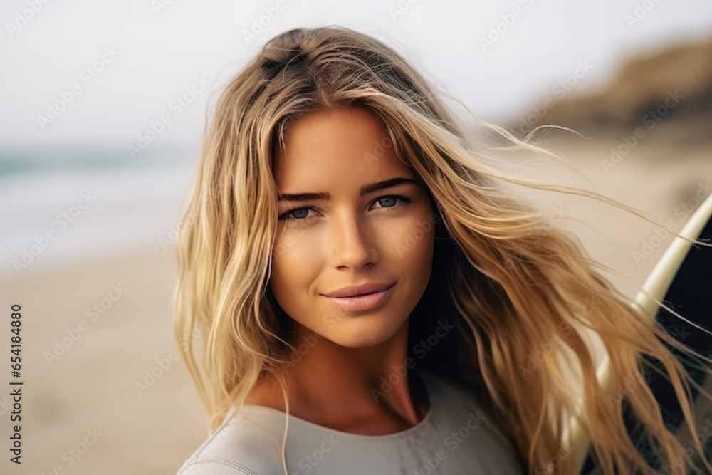 Closeup Of Athletic Caucasian Surfer Girl With Surfboard At The Beach