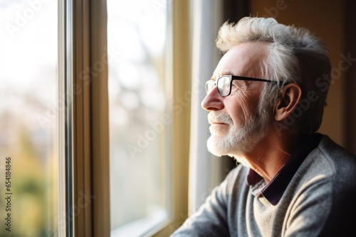 Elderly Man Gazing Out Of Window Alone