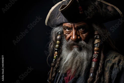 Oldfashioned Caribbean Pirate In Studio Isolation . Сoncept Dress Code For Isolation, Revival Of Traditional Pirate Culture, Caribbean Pirates In The St Century, Repurposing The Pirate Image photo