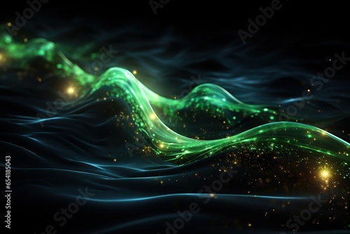 cosmic pulses curving neon green a pure black background.