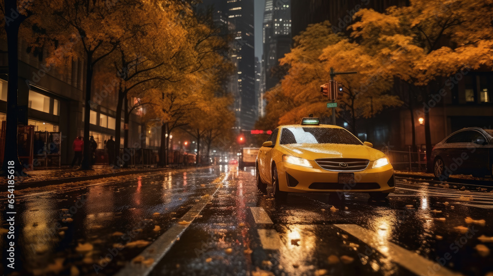 Naklejka premium A taxi through the city streets on a quiet autumn night