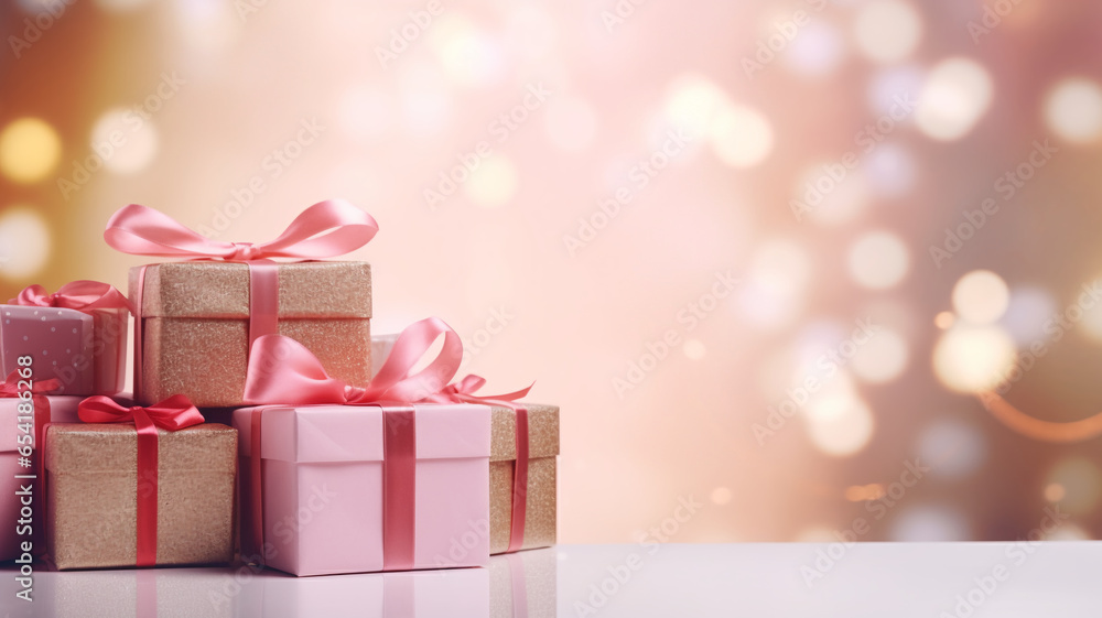 Pink Cute colorful sparkling bokeh gift box presents copy space banner Valentine's Day new year party celebration. Pink Cute colorful sparkling bokeh gift box presents copy space banner Valentine's Day new year party celebration.