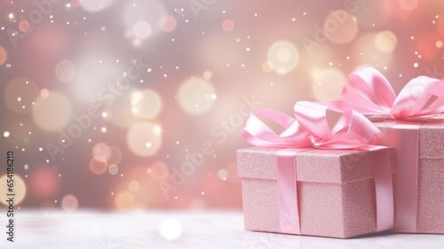 Pink Cute colorful sparkling bokeh gift box presents copy space banner Valentine's Day new year party celebration.