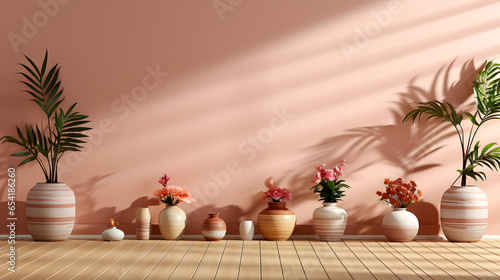 3d render of modern interior design, Interior of a Japanese style living room with a wooden wall, a plant in a vase and a bench. 3d render