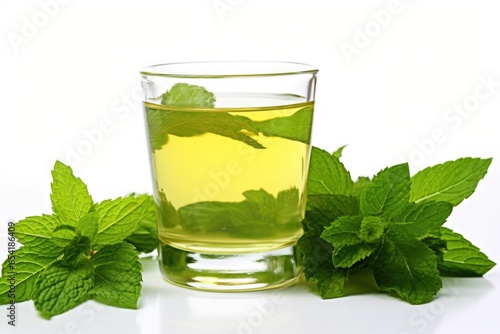 mint tea with fresh leaves on a white background