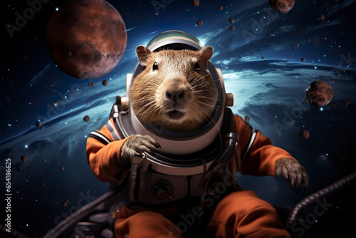 Astronaut capybara in outer space.