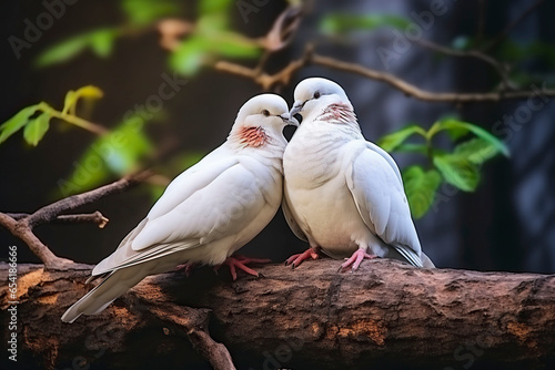 Pair of white doves sitting on a branch.