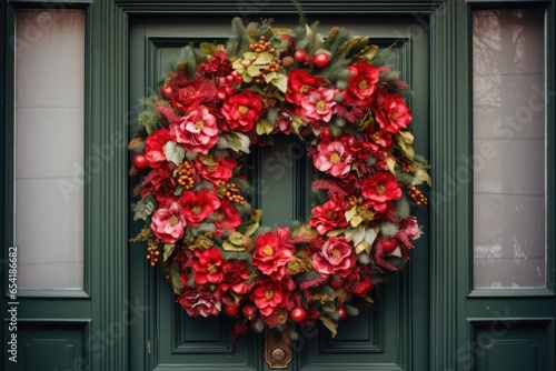 red and green holiday wreath hanging on a white door © Alfazet Chronicles